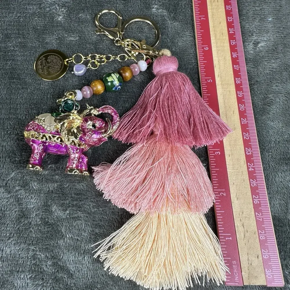 Elephant Pink Bag charm Keychain Metal enamel Boho tier Tassel Beading Unique.